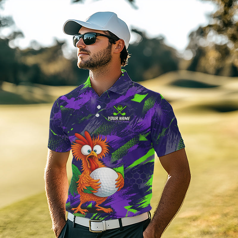 A man wearing a custom purple and green patterned golf polo shirt with a cartoon bird graphic, standing on a golf course.
