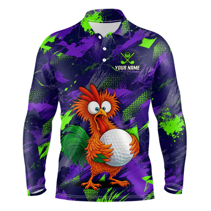 A long-sleeve polo shirt with a vibrant purple and green paint-splatter background, featuring a cartoon rooster holding a golf ball on the front and a customizable chest logo.