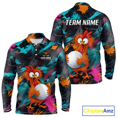 Front and back views of a long-sleeve polo shirt featuring a colorful abstract paint splatter design in teal, orange, pink, and black, with a cartoon rooster holding a golf ball printed on the front and back. The back has a placeholder text 'TEAM NAME'