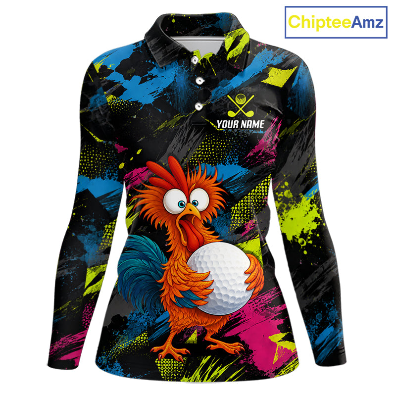 A long-sleeve polo shirt with a colorful all-over abstract paint-splatter print in black, blue, pink, and neon yellow, featuring a large cartoon rooster holding a golf ball on the front and a customizable chest graphic that reads 'YOUR NAME' with golf clubs.
