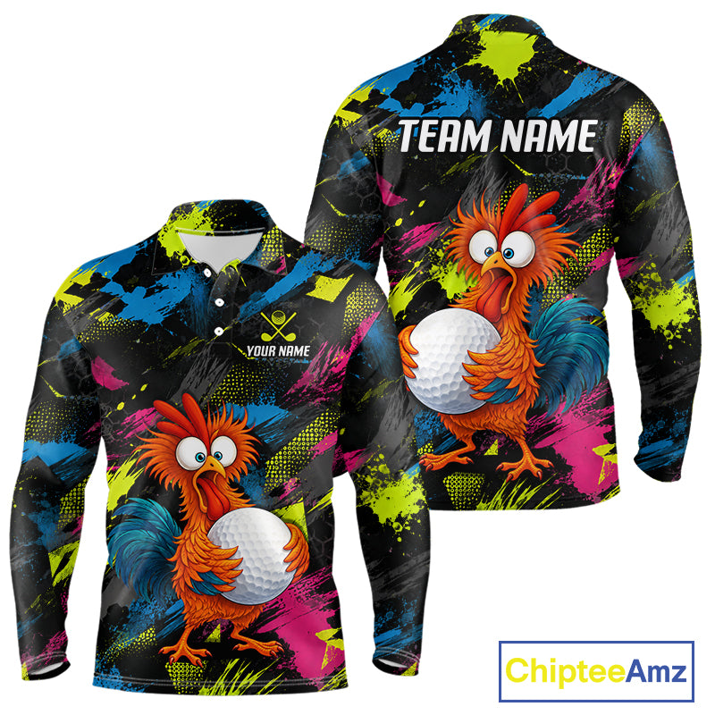 A long-sleeve polo shirt shown from both front and back on a white background. The shirt features a vibrant, all-over abstract paint splatter pattern in black, blue, pink, yellow, and green, with a cartoon orange rooster holding a white golf ball printed on the chest and back.