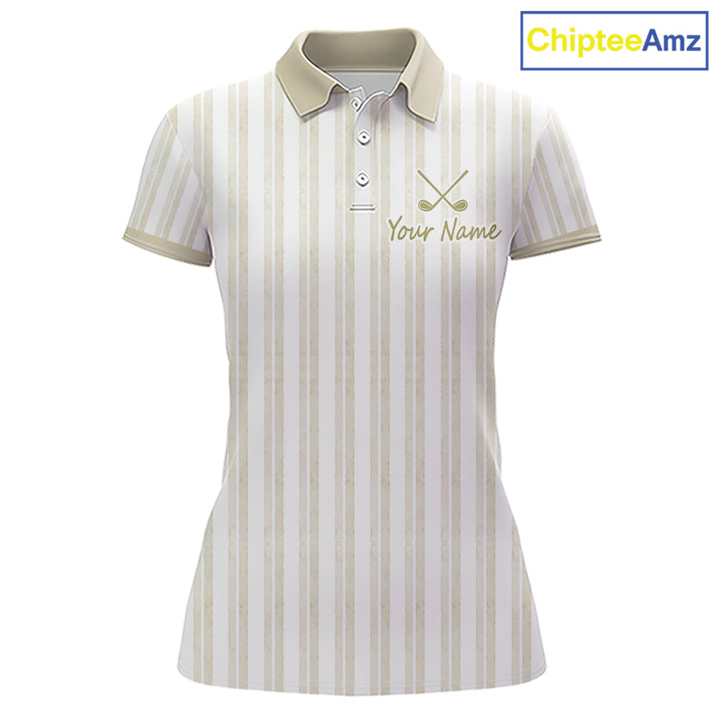 Personalized Golf Polo Shirt Beige Striped Custom Team Name Polo For Womens 