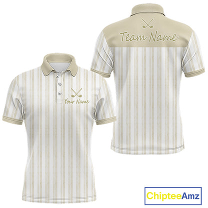 Personalized beige striped golf polo shirt for men with custom team name 