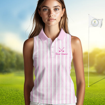 Personalized Womens Sleeveless Golf Polo Shirt Mint Pink Striped Custom Team Name Polo For Womens NHT944