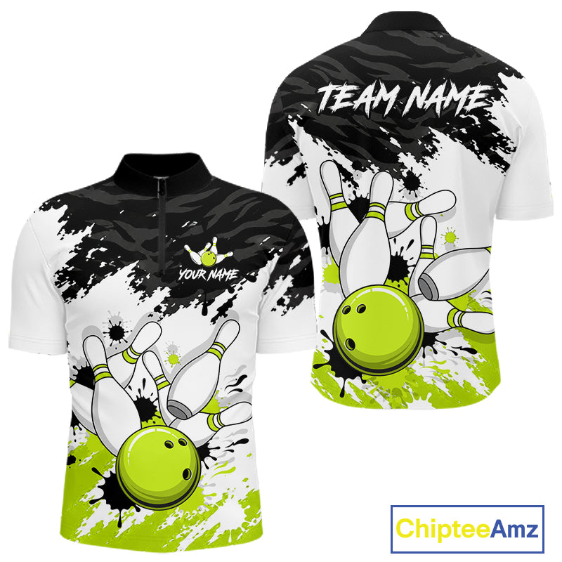 Front and back views of a short-sleeve bowling-themed polo shirt on a white background. The shirt features a black and white splatter/camo pattern with a bright lime green bowling ball and white bowling pins graphic.