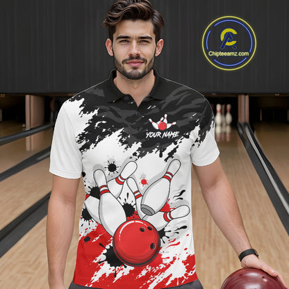 Bowling Shirt Custom Name Red Black White Bowling Ball Personalized Team Jersey Gift For Men NHT1252