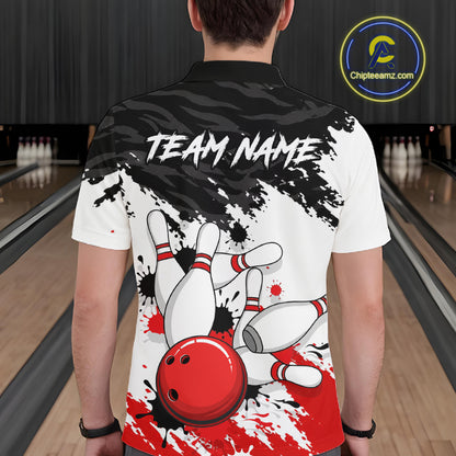 Bowling Shirt Custom Name Red Black White Bowling Ball Personalized Team Jersey Gift For Men NHT1252