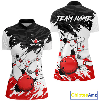 Front and back views of a customizable short-sleeve bowling-themed polo shirt. The design features a black and white splatter pattern with red accents, bowling pins, and red bowling balls, with placeholder text 'YOUR NAME' and 'TEAM NAME'.
