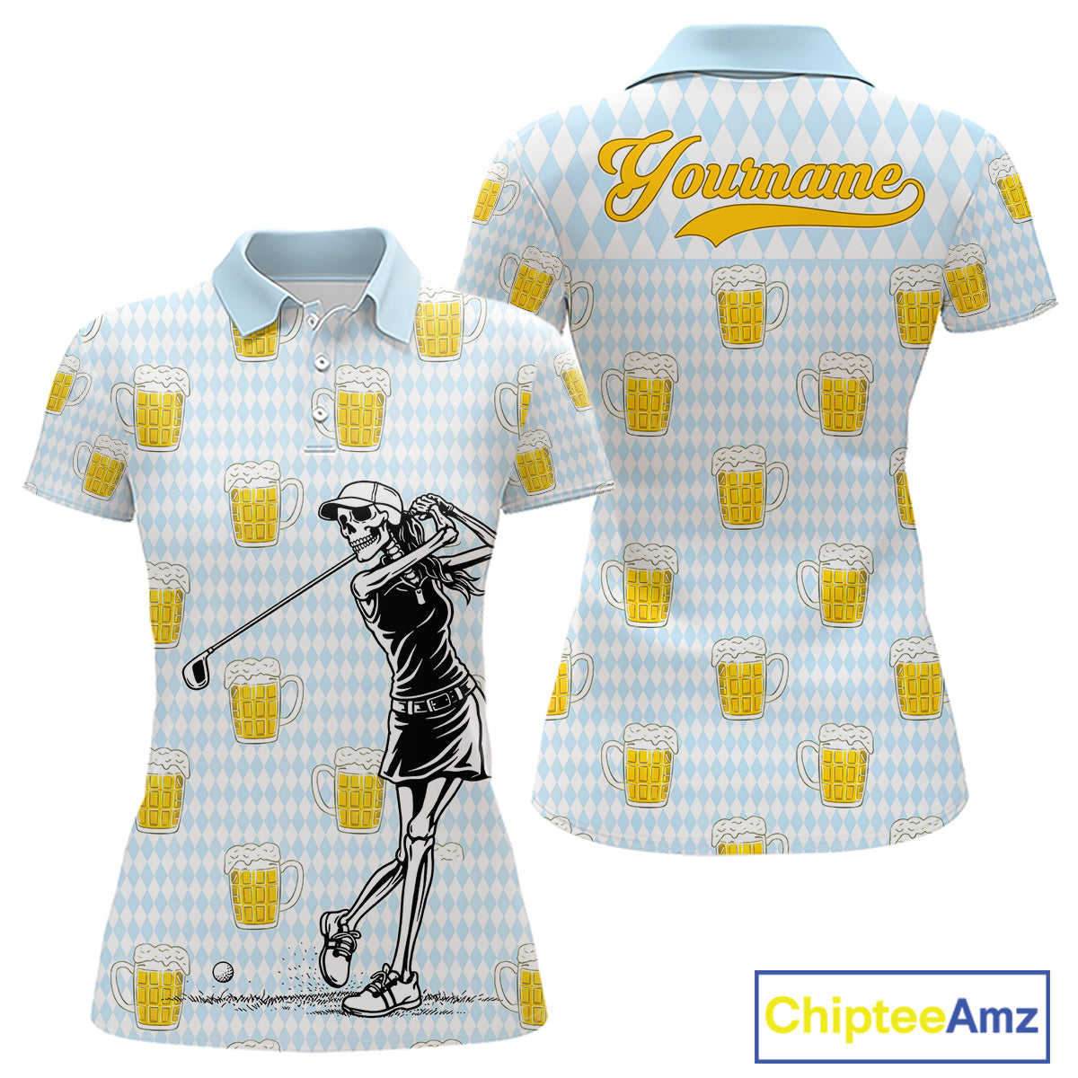 Funny Skull Golf Polo Shirts Beer Blue Argyle Pattern Custom Name Skull Playing Golf Apparel NBT629