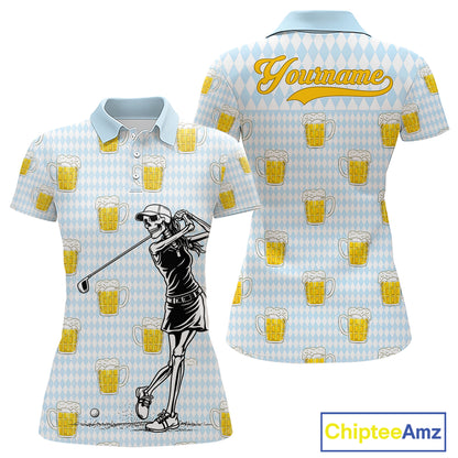 Funny Skull Golf Polo Shirts Beer Blue Argyle Pattern Custom Name Skull Playing Golf Apparel NBT629