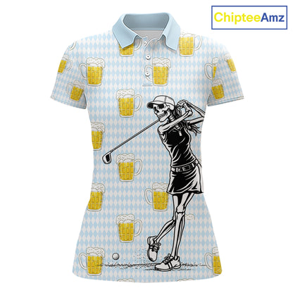 Funny Skull Golf Polo Shirts Beer Blue Argyle Pattern Custom Name Skull Playing Golf Apparel NBT629