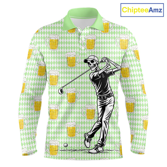Funny Skull Golf Polo Shirts Beer Green Argyle Pattern Custom Name Skull Playing Golf Apparel NBT630