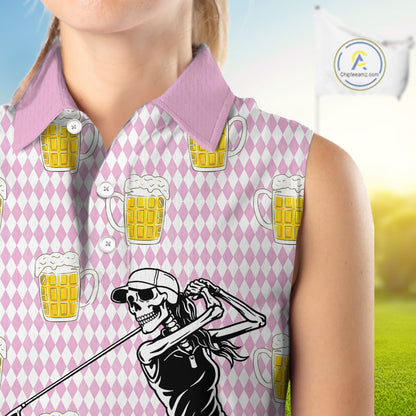 Funny Skull Womens Sleeveless Golf Polo Shirts Beer Pink Argyle Pattern Custom Name Skull Playing Golf Apparel NBT631