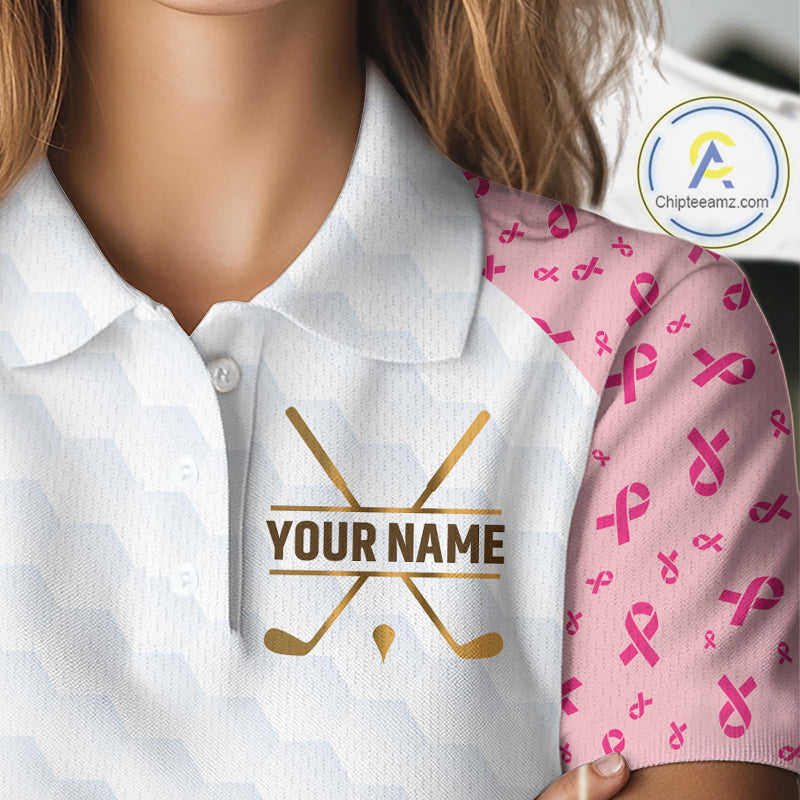 Custom Pink Ribbon Pattern Breast Cancer Golf Shirts For Womens, Breast Cancer Golf Jersey NHT797