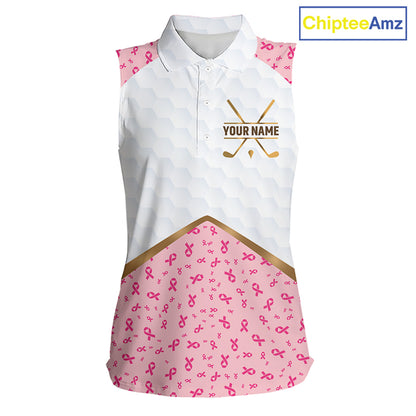 Custom Pink Ribbon Pattern Breast Cancer Golf Shirts For Womens, Breast Cancer Golf Jersey NHT797