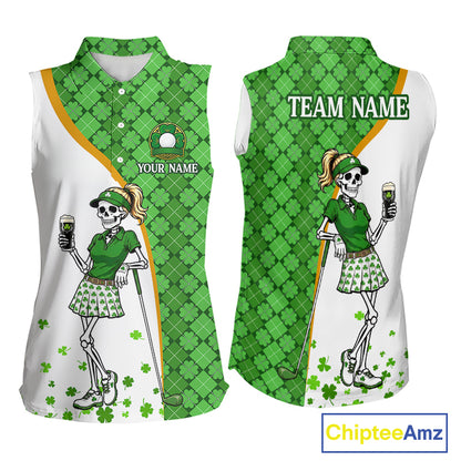 Custom St. Patrick's Day Womens Sleeveless Golf Polo Shirt – Lucky Shamrock Skeleton Golfer Team Uniform 