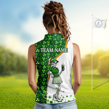 Load image into Gallery viewer, Person wearing a custom golf shirt with a design and text on a golf course background