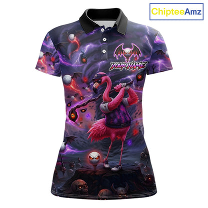 Personalized Womens Golf Polo Shirts Angry Flamingo Golfer Gothic Lightning Theme Team Name Shirt NHT804