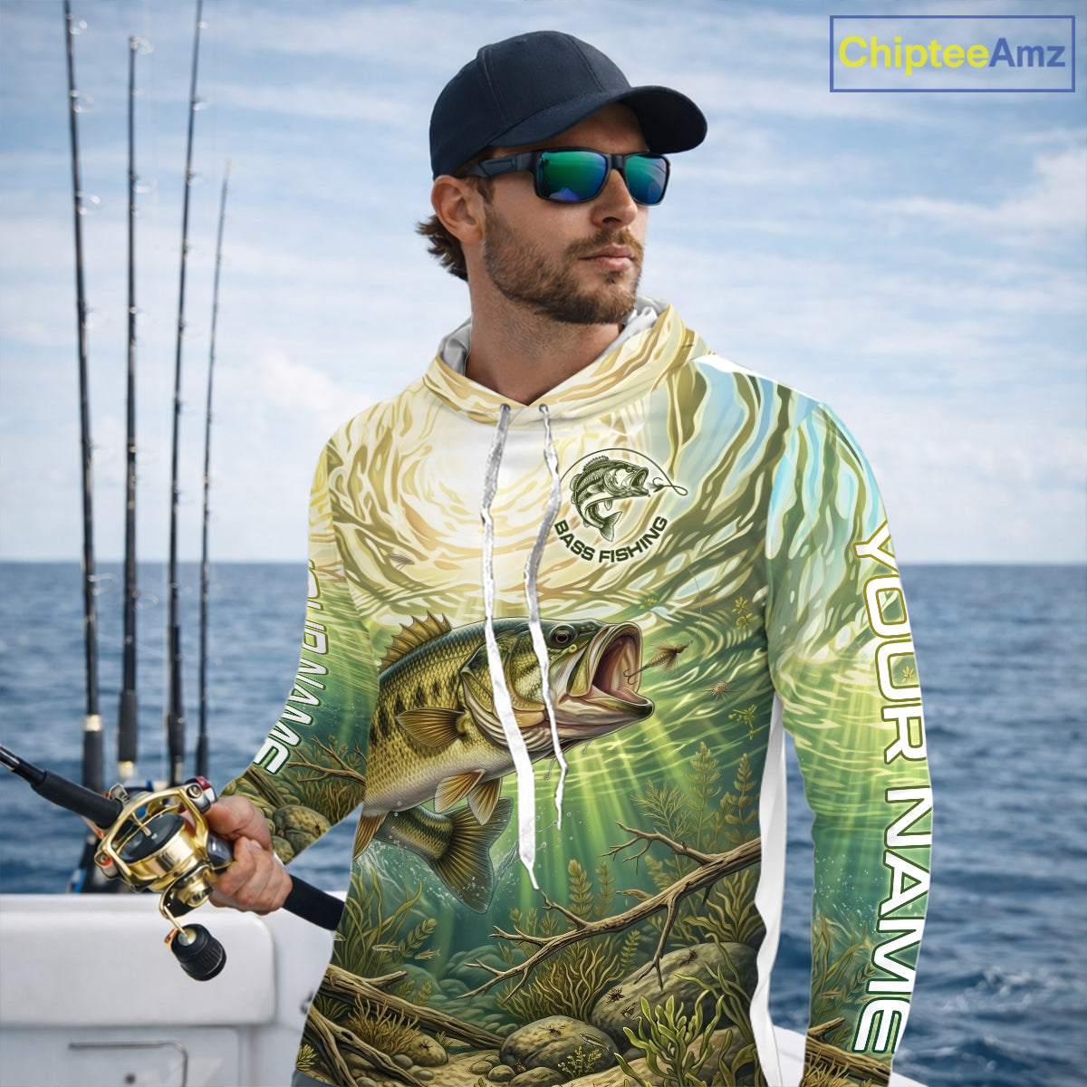 Largemouth Bass Fishing Jerseys For Men, Personalized Bass Long Sleeve Hooded Fishing Shirts NHT807