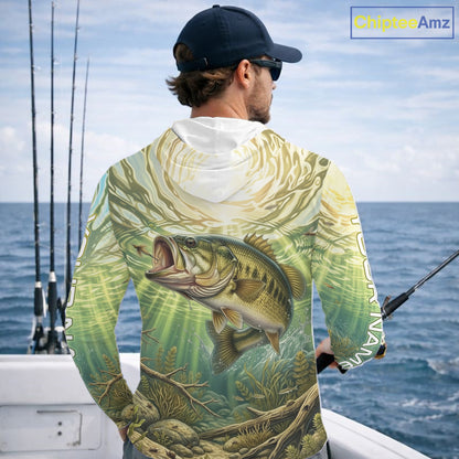 Largemouth Bass Fishing Jerseys For Men, Personalized Bass Long Sleeve Hooded Fishing Shirts NHT807