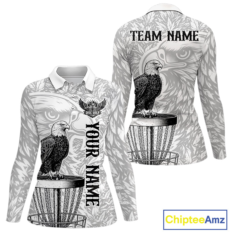 Custom Bald Eagle Womens Disc Golf Polo Shirt, Personalized Team Name Disc Golf Shirt NHT815