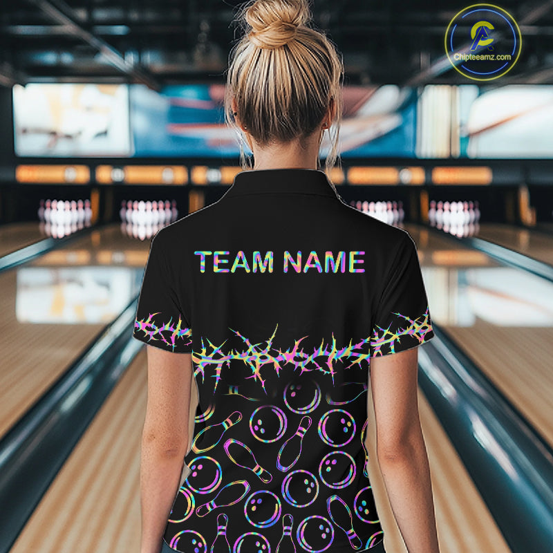Personalized Bowling Shirt Black Neon Bowling Ball Custom Team Polo For Women NHT1269