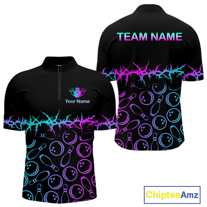 Black short-sleeve zip-up bowling jersey shown from front and back on a white background. The front has a small multicolor logo and 'Your Name' placeholder, while the back has 'TEAM NAME' placeholder text.