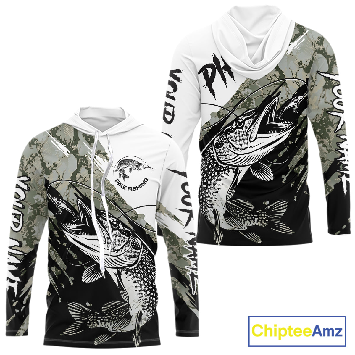 Personalized Gray Camo Northern Pike Fishing Jersey, Team Pike Fishing Long Sleeve Hooded Tournament Shirt NHT816