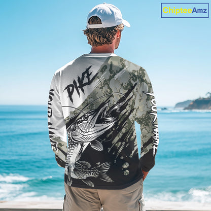 Personalized Gray Camo Northern Pike Fishing Jersey, Team Pike Fishing Long Sleeve Tournament Shirt NHT816