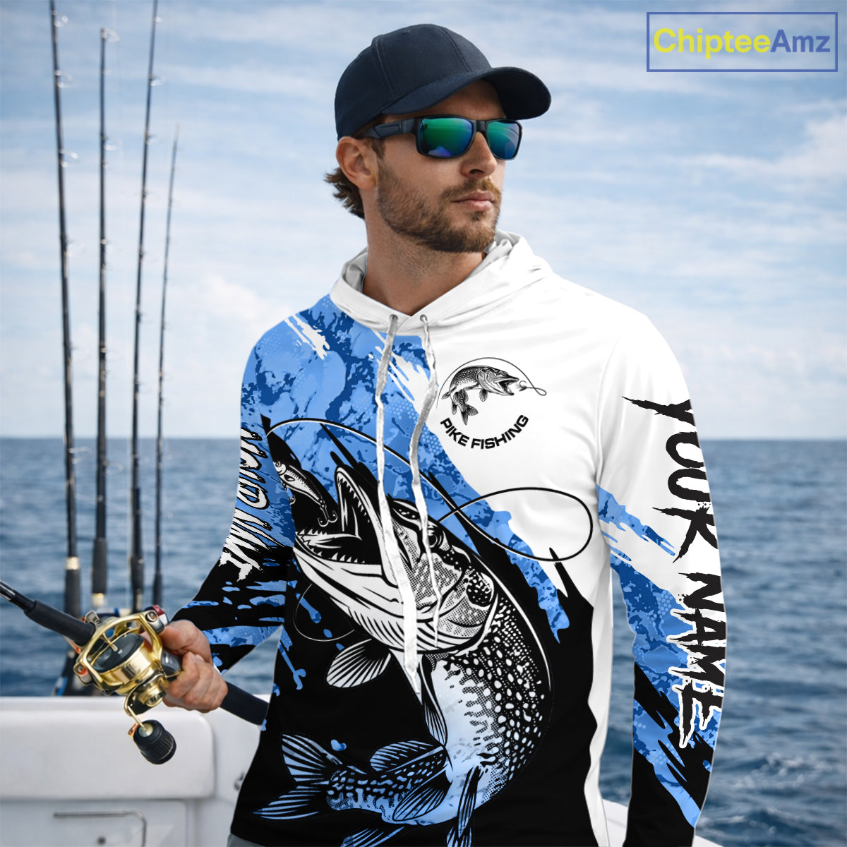 Personalized Blue Northern Pike Fishing Jersey, Team Pike Fishing Long Sleeve Hooded Tournament Shirt NHT818