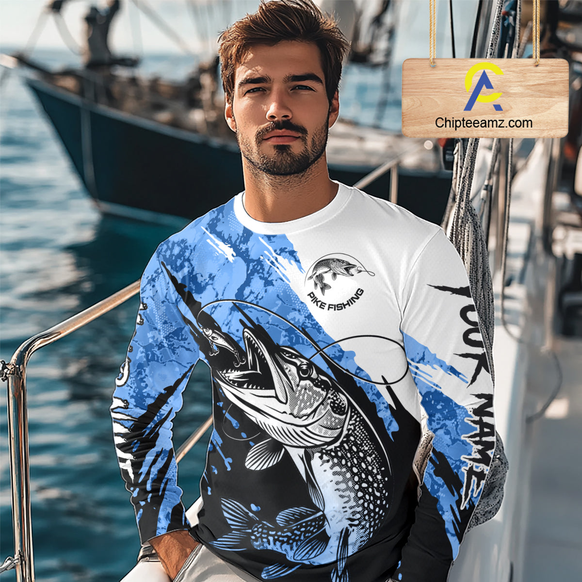Personalized Blue Northern Pike Fishing Jersey, Team Pike Fishing Long Sleeve Tournament Shirt NHT818