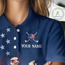 Load image into Gallery viewer, Blue polo shirt with American flag design and customizable text on a mannequin.