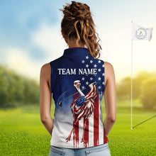 Load image into Gallery viewer, Person wearing a custom polo shirt with an American flag design and golf club, on a golf course background.