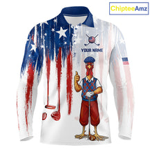 Load image into Gallery viewer, Front view funny rooster American Flag golf white mens long sleeve golf polo shirt custom name
