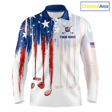 Load image into Gallery viewer, Front view American Flag golf white mens long sleeve golf polo shirt custom name