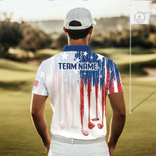 Load image into Gallery viewer, Man wearing a personalized golf shirt with American flag design on a golf course