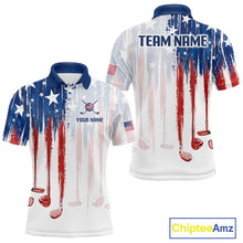 Load image into Gallery viewer, Front and back view funny rooster American Flag golf white mens golf polo shirt custom name