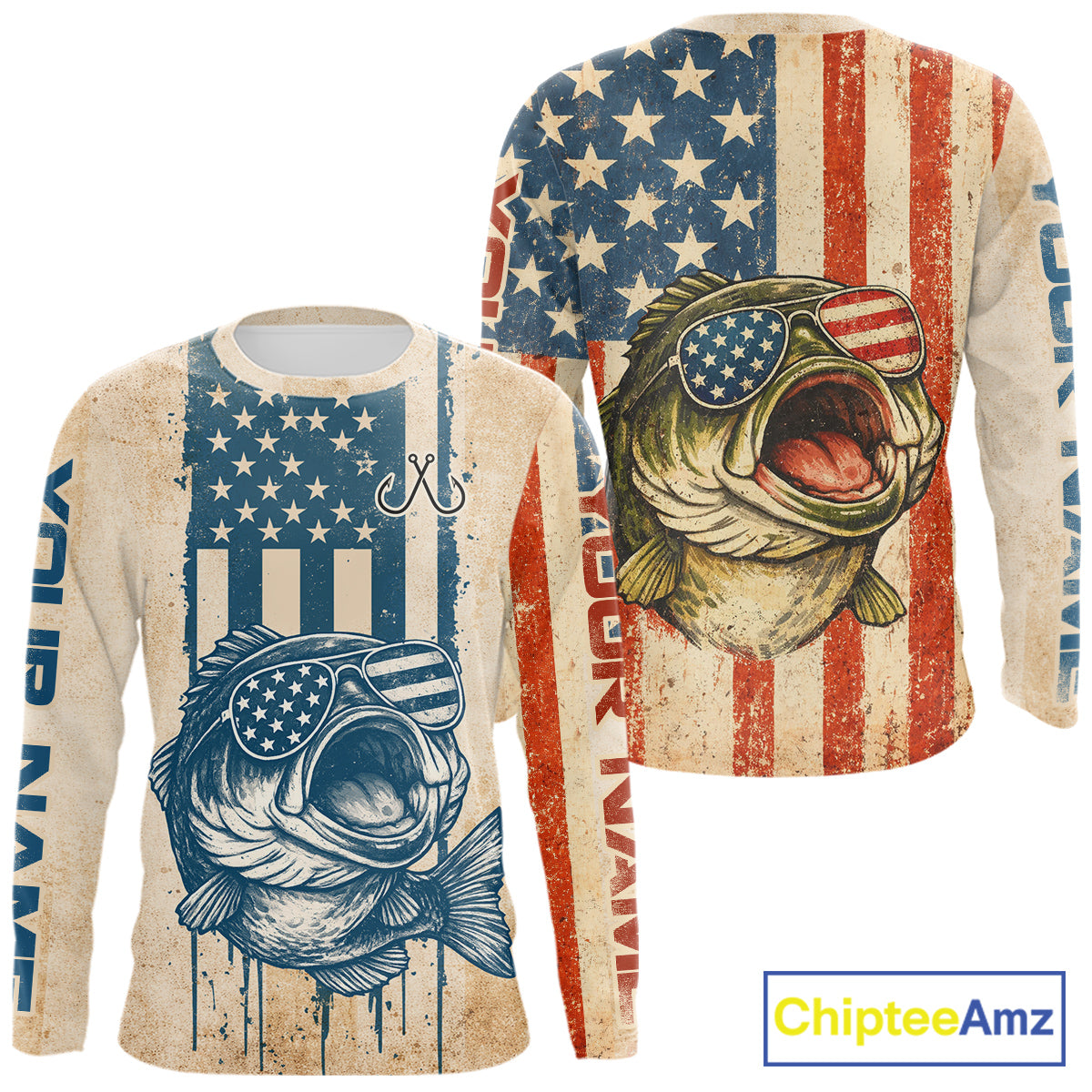 Custom Vintage Bass Funny Long Sleeve Fishing Shirt For Men,  Bass Patriotic Fishing Shirt NHT601