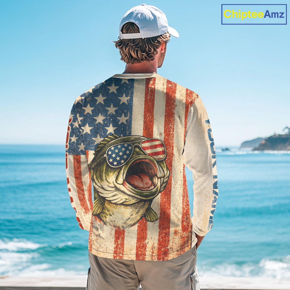 Custom Vintage Bass Funny Long Sleeve Fishing Shirt For Men,  Bass Patriotic Fishing Shirt NHT601