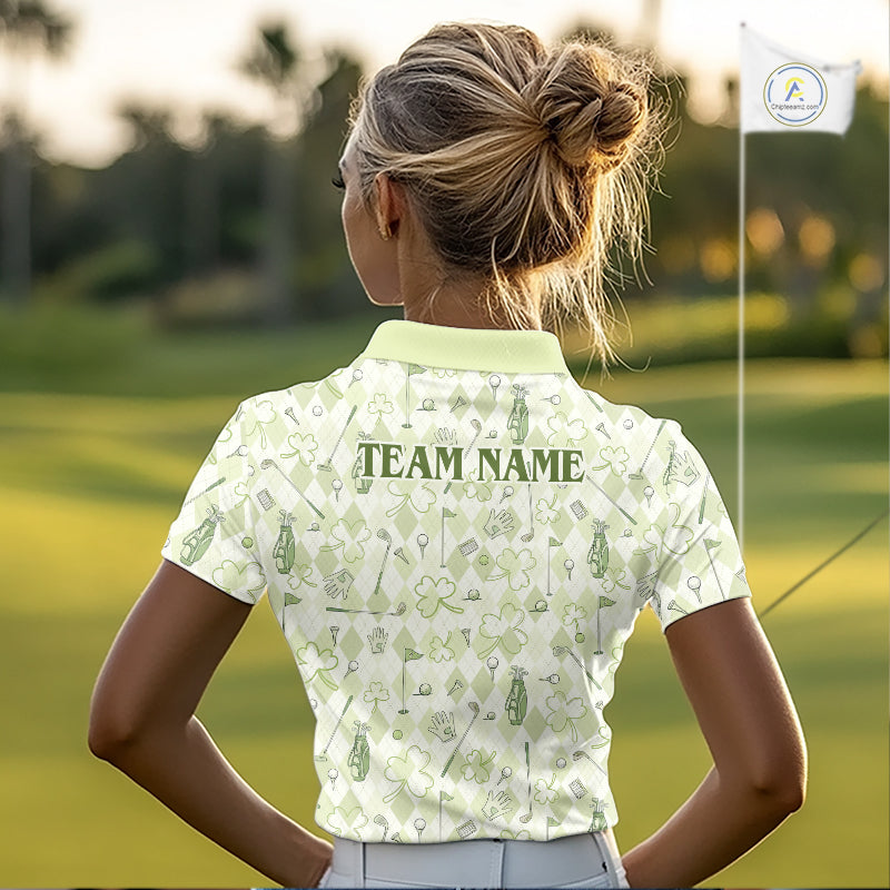 Custom Women’s Long Sleeve Golf Polo Shirt Lucky Shamrock Argyle Pattern Personalized Team Name
