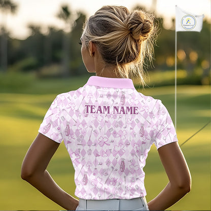 Custom Women’s Long Sleeve Golf Polo Shirt Lucky Shamrock Argyle Pattern Personalized Team Name