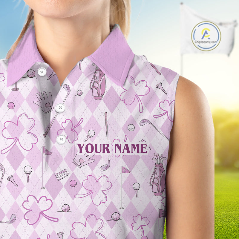 Custom Women's Sleeveless Golf Polo Shirt Lucky Shamrock Argyle Pattern Personalized Team Name