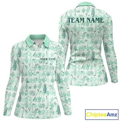 Custom Women’s Long Sleeve Golf Polo Shirt Lucky Shamrock Argyle Pattern Personalized Team Name