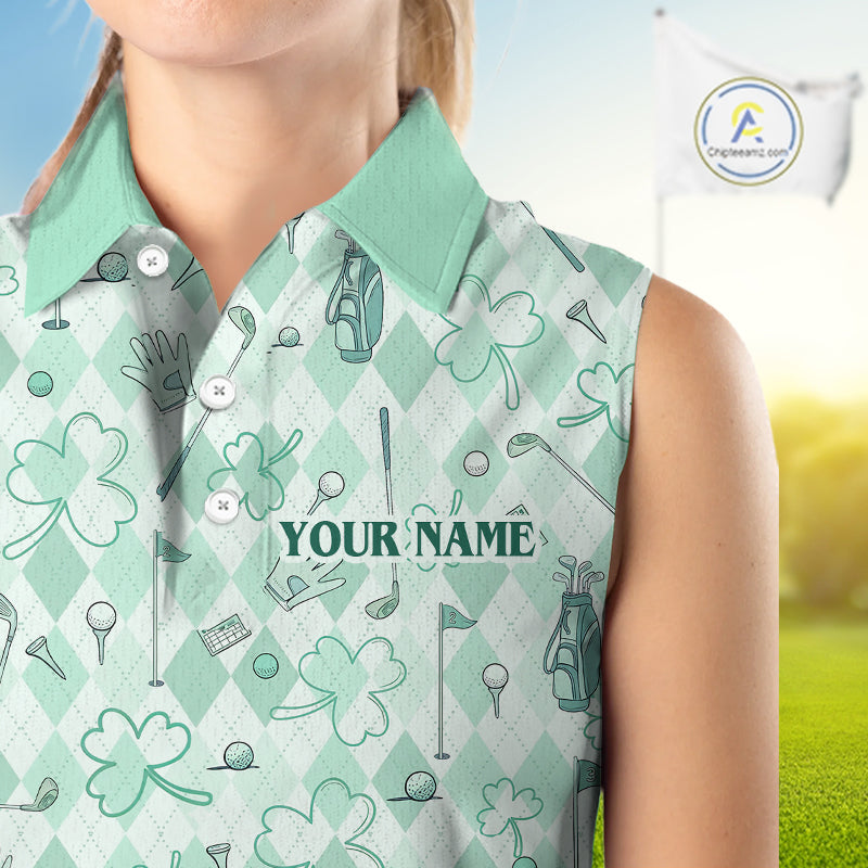 Custom Women's Sleeveless Golf Polo Shirt Lucky Shamrock Argyle Pattern Personalized Team Name