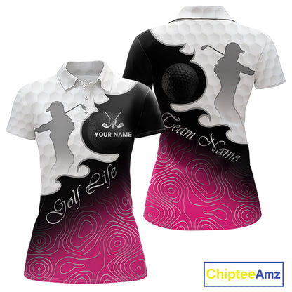 Custom Womens Golf Polo Shirt Pink Black Gradient, Personalized Name Golf Shirt, Gift For Golfer NHT825