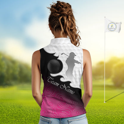 Custom Sleeveless Womens Golf Polo Shirt Pink Black Gradient, Personalized Name Golf Shirt, Gift For Golfer NHT825