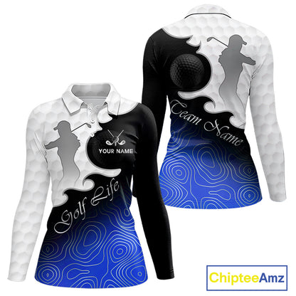 Custom Womens Golf Polo Shirt Blue Black Gradient, Personalized Name Golf Shirt, Gift For Golfer NHT826