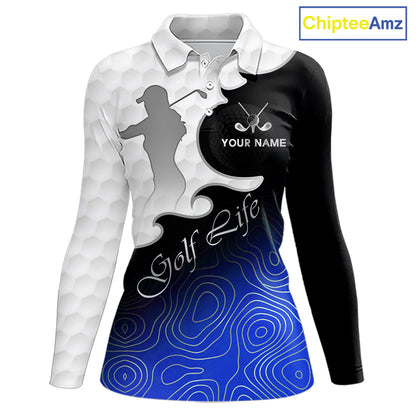 Custom Womens Golf Polo Shirt Blue Black Gradient, Personalized Name Golf Shirt, Gift For Golfer NHT826
