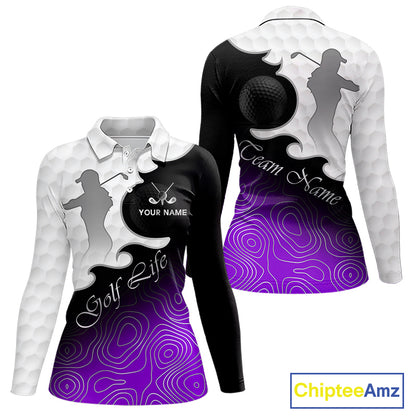 Custom Womens Golf Polo Shirt Purple Black Gradient, Personalized Name Golf Shirt, Gift For Golfer NHT828