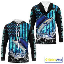 Load image into Gallery viewer, Custom Patriotic Sailfish Fishing Shirts Long Sleeve Hooded, Blue American Flag Sailfish Saltwater Fishing Shirt NHT616